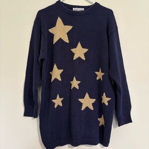 Alfred Dunner Ramie/Cotton Knit Navy Sweater with Gold Sparkly Stars -Size Large